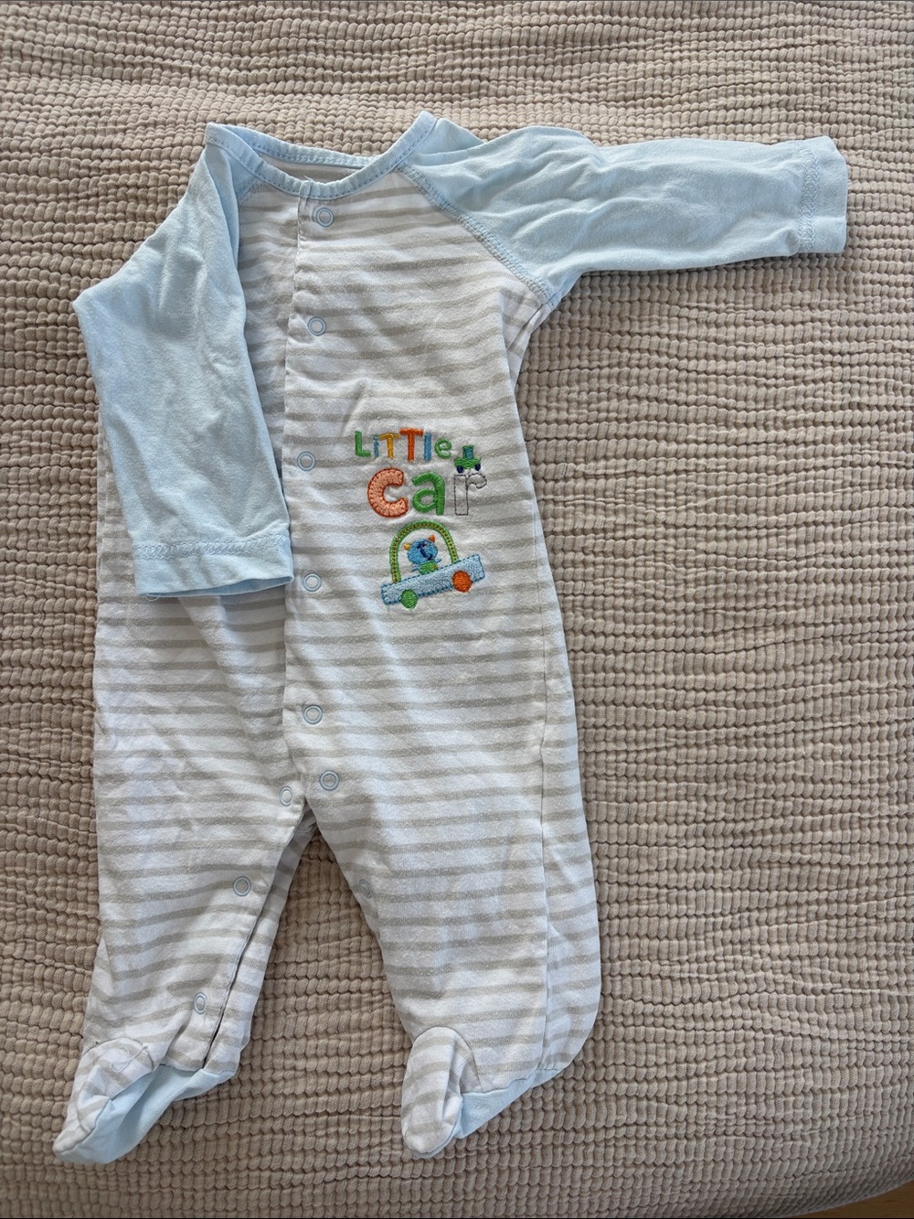Baby Striped One-Piece Pajamas with Little Car Embroidery - Light Blue